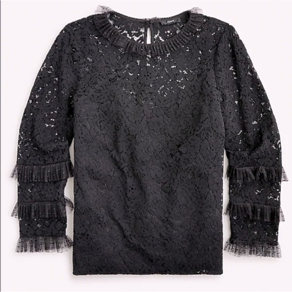 NEW J. Crew Lace Top with Tulle Ruffle Blouse Black Size Medium NWT - Picture 1 of 5